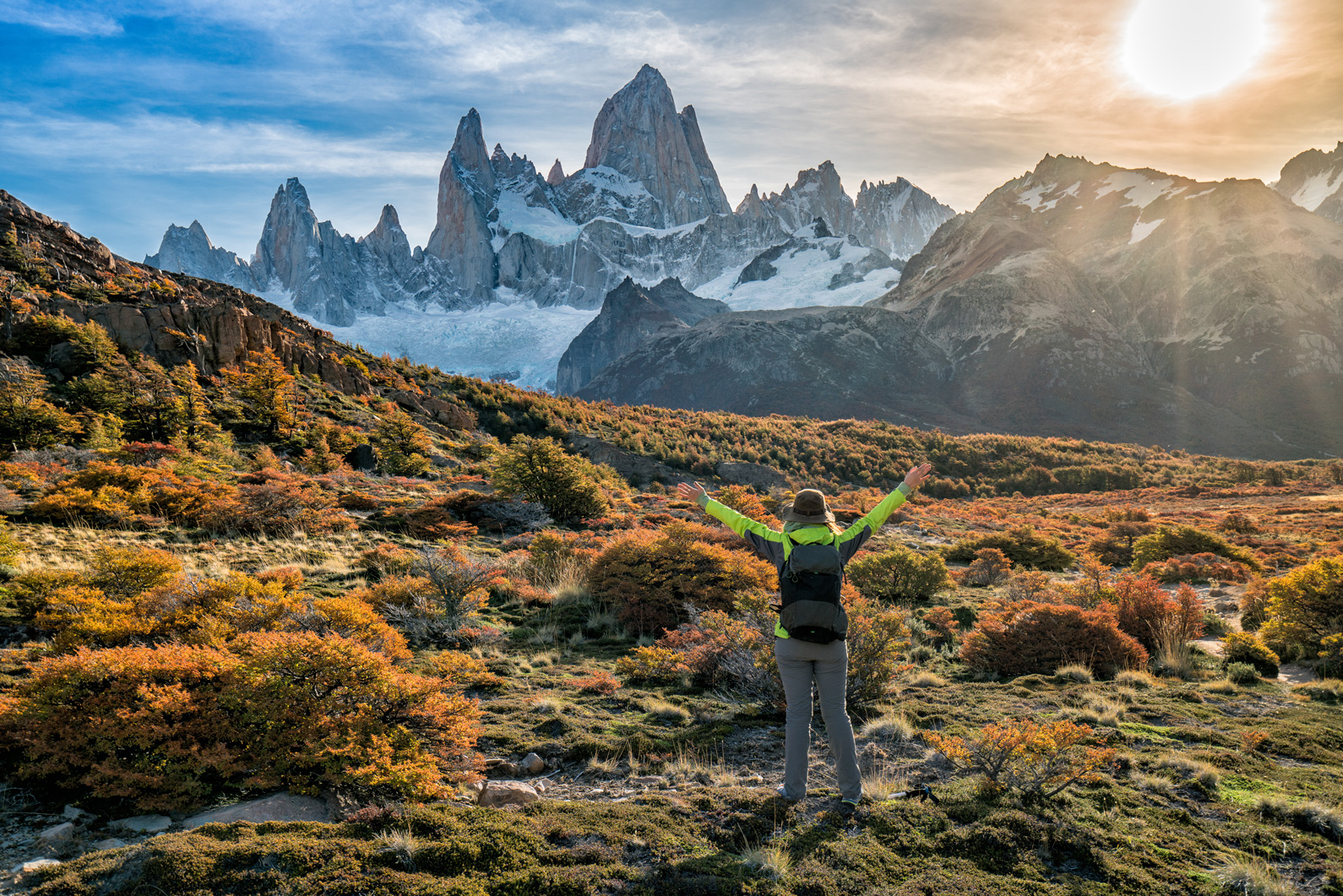 Hiker Enjoying Autumn in Fitz Roy Mountain, Patagonia, Argentina; Shutterstock Hiker Enjoying Autumn in Fitz Roy Mountain, Patagonia, Argentina; Shutterstock