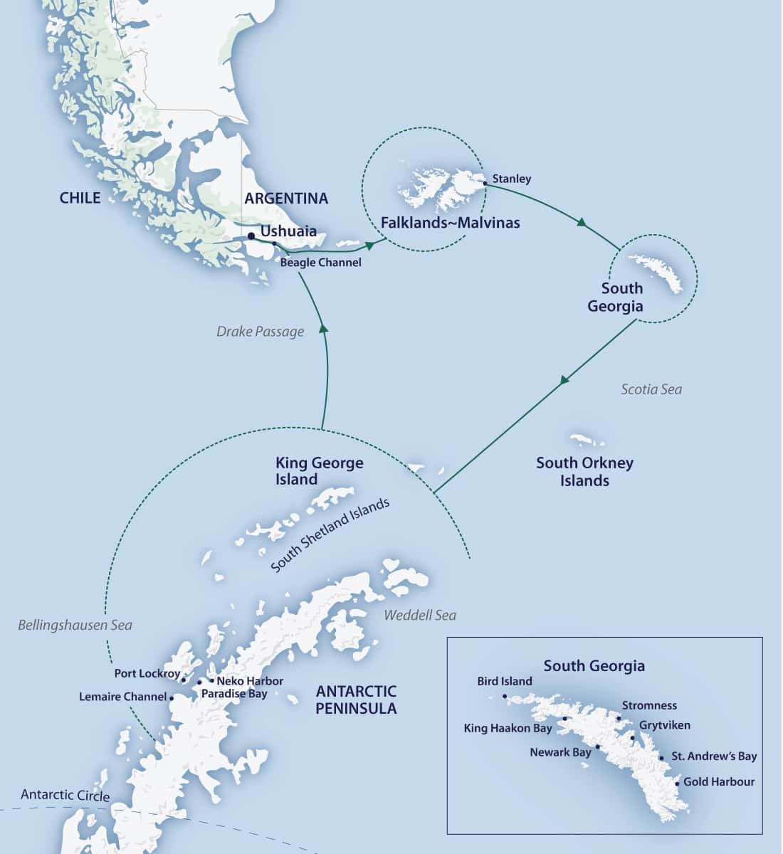 Falklands, South Georgia & Antarctic Peninsula map